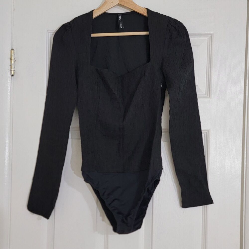 ZARA Woman Black Crinkle TEXTURED BODYSUIT Square Neck Long Puff‎ Sleeve Sz S
